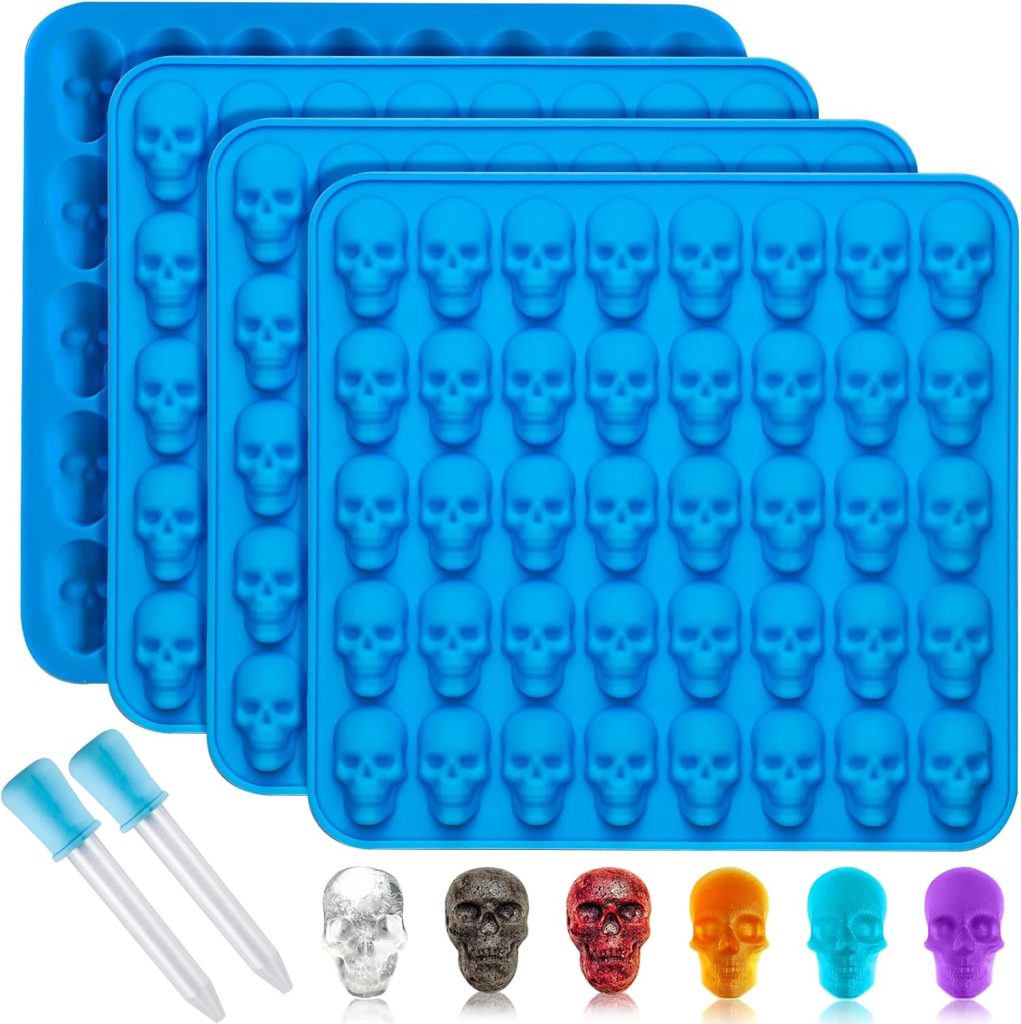 4Pcs Gummy Skull Candy Molds Silicone, Chocolate Gummy Molds with 2 Droppers Nonstick Food Grade Silicone for Candy, Jelly, Ice Cube