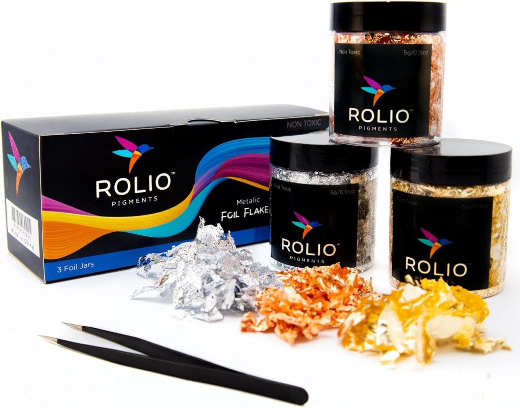 Rolio Metallic Foil Flakes, 3 Bottles (Gold, Copper, and Silver), Imitation Gold Foil Flakes for Epoxy, Nail Art, Painting, DIY Arts & Crafts, Slime, Face & Eye Makeup, Resin Jewelry 5g/0.17 oz Each