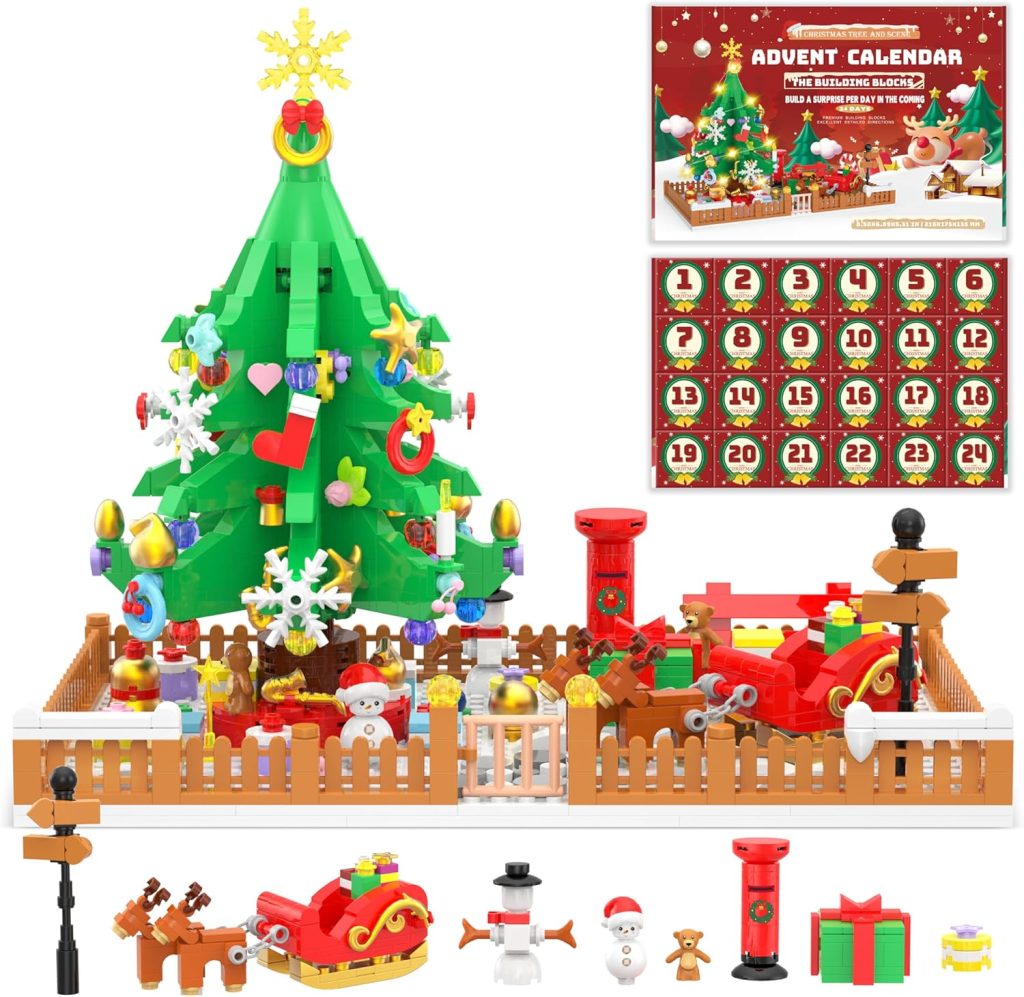 Advent Calendar 2025 Christmas Tree and Scene Toy Building Sets with LED Light, 24 Days 828 Pieces Christmas Countdown Calendar Building Blocks Christmas Gifts for Adults Kids Ages 6+